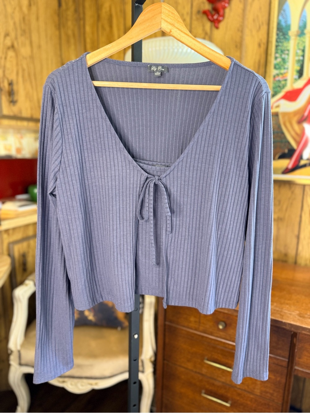 Lily Rose Mauve Ribbed Tie-Front Long Sleeve Cardigan with Attached Tank Top